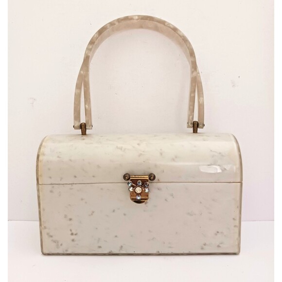 VTG 50s Lucite Box Purse Ivory Pearl Marble Jewel Clasp Twist Top Handle - Picture 13 of 13